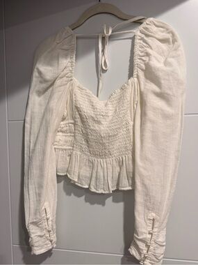 Free People Cream Smocked Peplum Long Sleeve Tie-Back Top